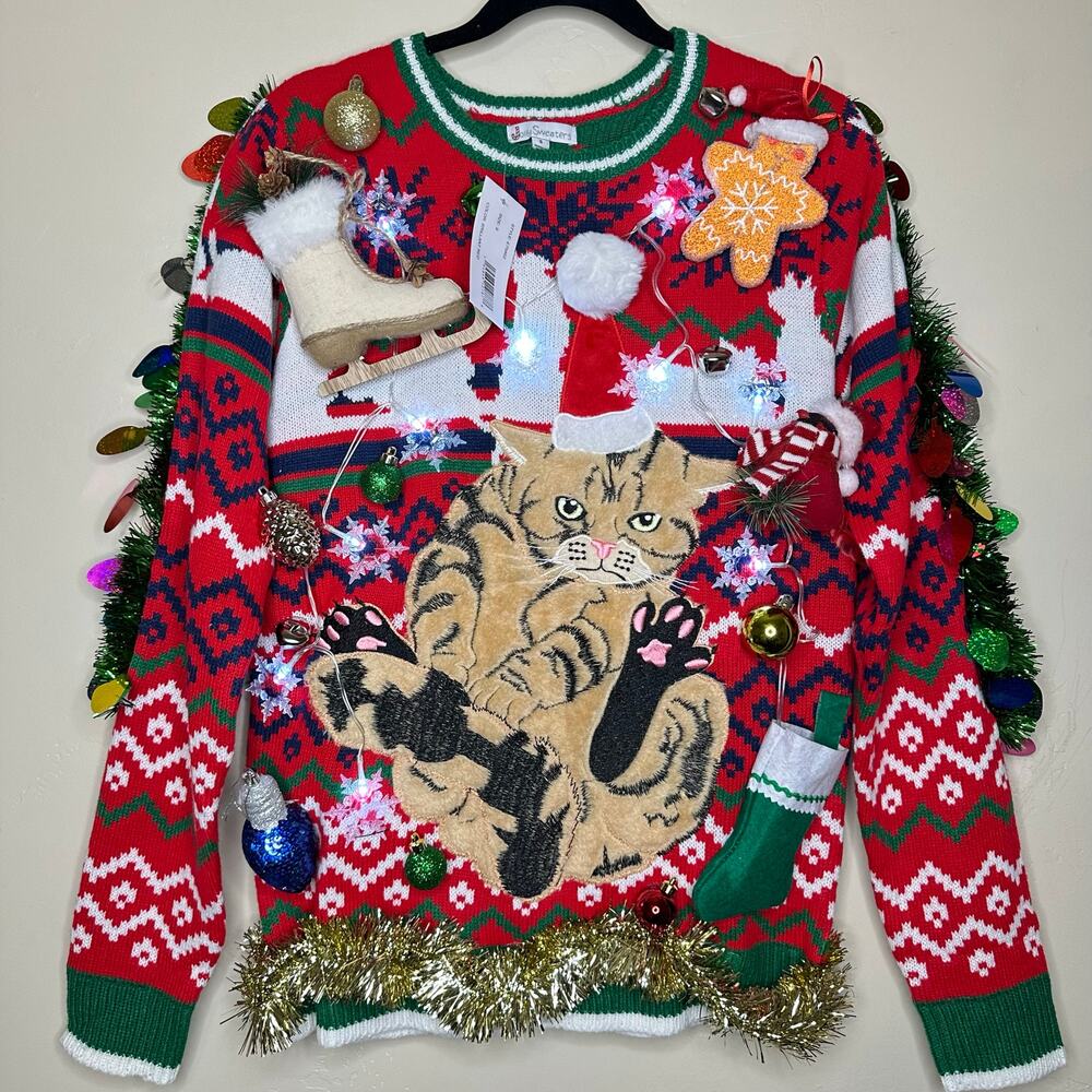 Ugly Christmas Sweater Kitty Cat LIGHTS UP Tinsel Xmas Party Winner Size Small